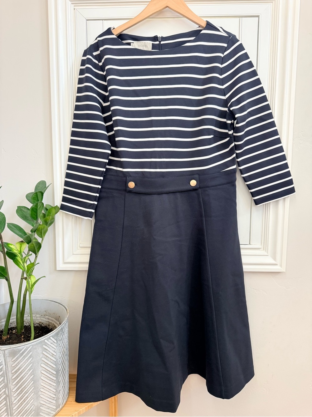 Hobbs Navy and White Striped Dress - Size 12
